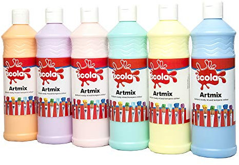 Scola Readymix Water Based Tempera Paint, 6 Pastel Colours, 600ml Bottles, Safe Non-Toxic Poster Paints, Craft Projects, Suitable for 3+