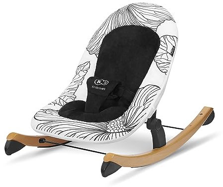 Kinderkraft Babyliege FINIO, Babywippe aus Holz, Licht, Einfach zu Transportieren, mit Liegefunktion, Verstellbare Sicherheitsgurte, Plüsch bedeckt, Sicherheitszertifikat INTERTEK, Schwarz