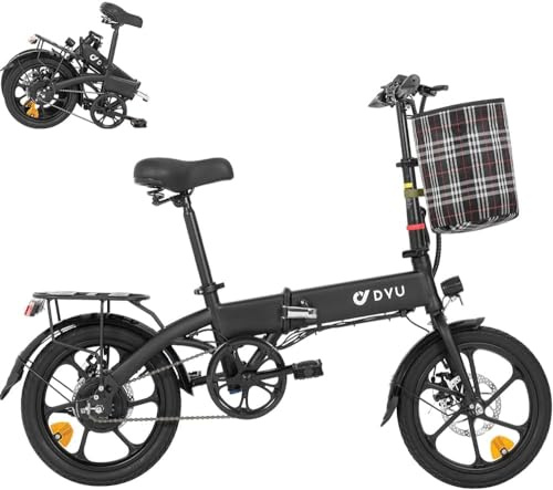 DYU Electric Bike,16 Folding Electric Bicycle,36V 7.5Ah Battery,Commuter City E-Bike with 250W Motor,Height Adjustable,LED Display,Front Basket,Braking system Disc brake, for Adults Teens