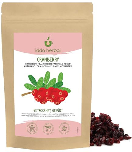 Mirtilli Rossi Secchi (1kg), Mirtilli Rossi Interi, Addolciti con Succo di Mela, Morbidi e Gommosi, Snack alla Frutta Pronto da Mangiare, Vegano