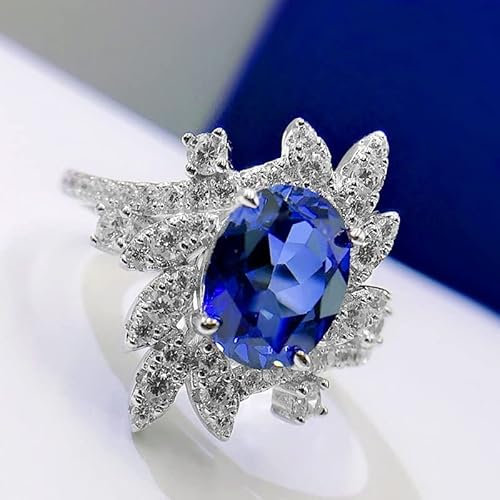 DJMJHG 100% 925 Sterling Silver 7×9mm Oval Synthetic Aquamarine Ice Flower Cut Rings for Women Wedding Fine Jewelry 8