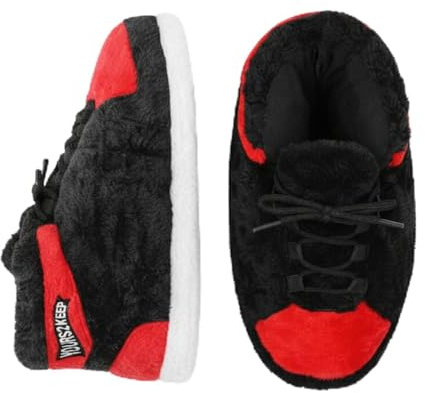 Sneaker Slipper - BRED Jordan Look-Alike Sneaker Slippers - Comfy Warm Indoor Plush Kicks For Lounging - Non-Slip Sole, Funny Unisex Gift For Men & Women - One Size Fits All - Unisex Indoor Floor
