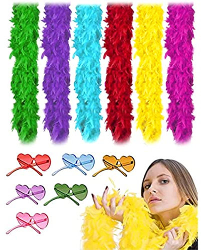 DAJOOEE Die bunten Federklappen-Boas der bunten Feder für Party, 6 Stück, 2 m, mit rahmenloser Sonnenbrille, Junggesellenabschied (bunt), COLOR_NAME, Large