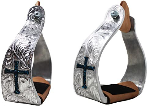 CHALLENGER Steigbügel für Pferde, Western-Aluminium, gedrehte Gravur, Strass-Kreuz, 51189TR