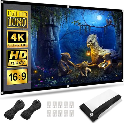 HOPFROG 84 Pulgadas Pantalla Proyector Portátil, Tela de Seda de Leche Lavable y Antiarrugas, 16:9 4K HD Doble Cara Plegable para Camping Exterior y Cine en Casa, Fácil Instalación con Ganchos