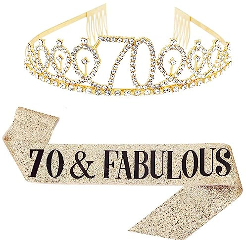 Dimetey Kit de diadème d'anniversaire Reine et strass – 21, 30, 40, 50, 60e anniversaire, écharpe pour femme, accessoires de fête (or 70th)