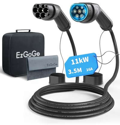 Ezgogo Typ 2-laddkabel, 11 kW/16 A/3-fas/3,5 meter/läge 3, typ 2 på typ 2 EV-laddningskabel för elbil med bärväska och mikrofiberduk