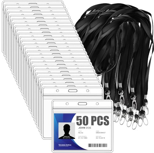 MUXHEL 50Set Black Lanyard with Card Holder, Lanyards for Neck Clear Plastic Lanyard Card Holder for lanyards with Card Holders for Work Office School