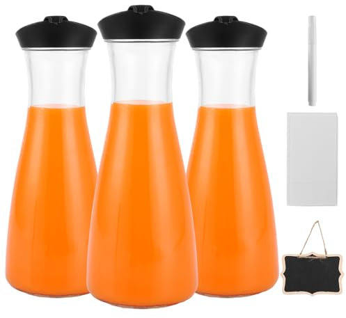 LDXDRU Lot de 3 carafes en verre de 1 l avec couvercle, carafe en verre avec couvercle pour lait, jus de fruits, thé glacé, boissons faites maison