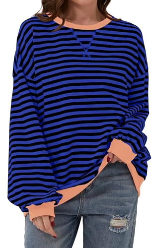 DUOEASE Jersey Mujer Otoño Cuello Redondo Manga Larga Rayas Camiseta Casual Oversize Sudadera Mujer Sin Capucha-BlackBlueMeat-L