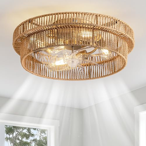 DARYEWO Rattan Boho Ceiling Fan with Light Flush Mount, 20 Inch Caged Ceiling Fans with Light and Remote Control, Low Profile Enclosed 6 Speeds for Bedroom, Nursery, Living Room, E26 Base (Brown)