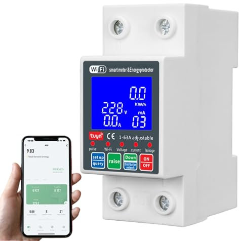 Jadeshay Compteur intelligent Tuya WiFi Disjoncteur 2P AC230V 63A Wifi Commutateur de mesure intelligent avec rétro-éclairage, protection contre les surtensions, moniteur d'énergie actuel