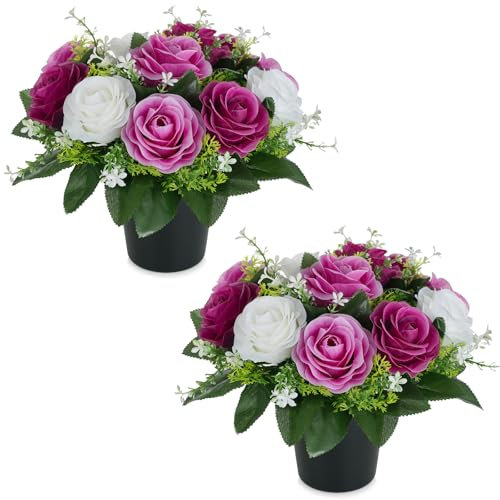 BLOSMON Artificial Grave Flowers Pots: 2 Pcs Purple Lilac Roses Silk Cemetery Ornaments in Pot for Outdoor Decorations - Fake Funeral Memorial Floral Bouquet with Holders for Graveside