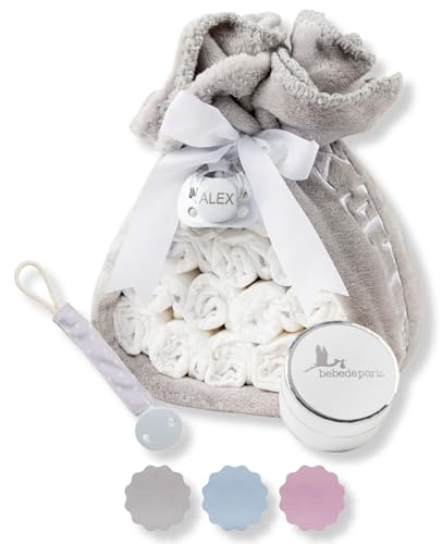 Tarta de Pañales para Recién Nacida con Manta Gris Bordada con nombre + 15 pañales Moltex Premium Ecológicos | Talla 2 (3 a 6 Meses) + Chupete Personalizado (Neutro) | BebeDeParis