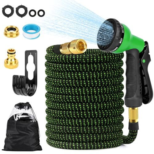 Vankarr Tuyau Arrosage Extensible 30m Raccord de Robinet 1/2 et 3/4, Tête de Pulvérisation avec 8 Fonctions, avec Sac de Rangement, Support de Tuyau pour Jardin, Camping-Car, Camping (Vert)