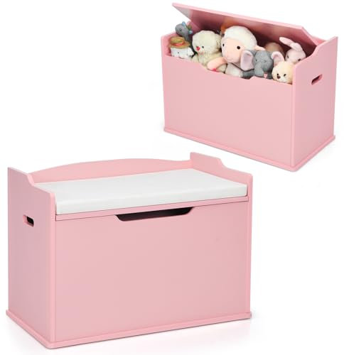 HOMFME Coffre a Jouet en Bois à Couvercle Relevable avec Banc d’Assise, Coffre de Rangement de Grande Capacité avec Poignées de Transport, Charnières de Sécurité, Idéal pour Chambre d’Enfant (Rose)