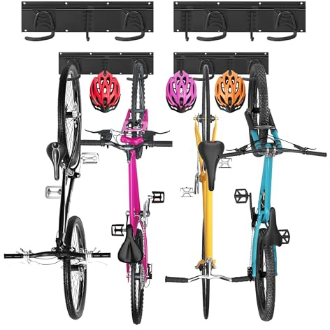 Sinoer Soporte de pared para bicicletas, soporte mural para 4 bicicletas + 3 cascos, colgador de pared resistente para bicicletas, gancho de acero macizo, 2 raíles de 16 pulgadas