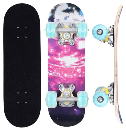 ERNAN Skateboard Completo per Principianti. Skateboard completo da 17 * 5 pollici. Double Kick Deck Concavo con 7 strati per ragazzi, ragazze (Pink Nebula)