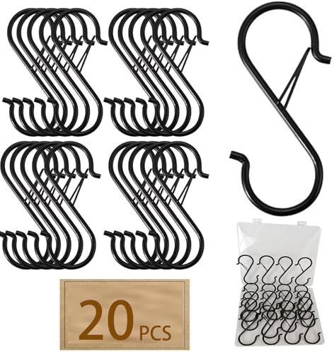 Sihdnok 20 Pcs Heavy Duty S Hooks for Hanging – 3.5Inch Black Metal Hook with Safety Buckle, Closet Hooks for Plants, Kitchen Utensils, Pots, and Bags, Packed in PP Box