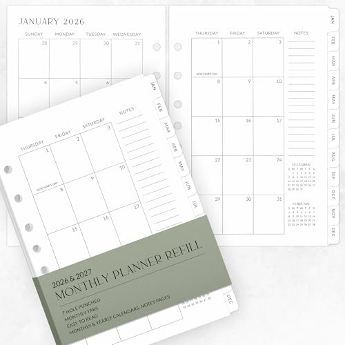 Beautiful 2026-2027 Monthly Planner Refill for 7 Ring Binders – Durable A5 Paper Insert Set 5.5 x 8.3 - Refills Incl. Tabs & Monthly, Yearly Calendar Spreads - From December 2025 - December 2027