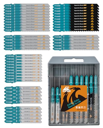 EXFEIN 50-Piece Jigsaw Blades for Metal and Softwood Plywood, T-Shank Jig Saw Blades for Professional Accessory Jigsaw (T118A,T118B,T101AO,T101B,T101BR,T144D)