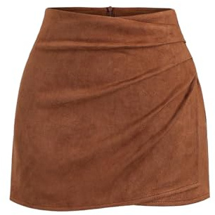 GORGLITTER Women's Cowgirl Suede Wrap Mini Skirt Mid Rise Ruched Bodycon Pencil Vintage Y2k Skirts Brown Small