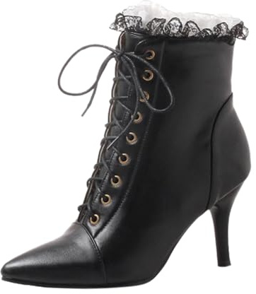 Generisch Botines de tacón alto de encaje de invierno para mujer, tacón fino, con cordones y cremallera lateral, Negro , 42 EU