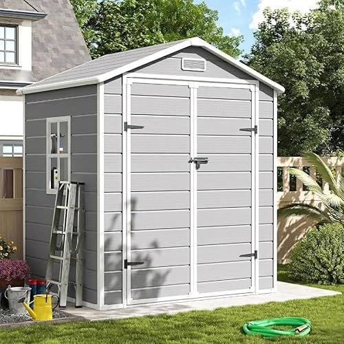 UDPATIO Abri de Jardin en Résine 12mm 184x135x210cm, 3.9 m³ - Cabane de Jardin Extérieur avec Toit Incliné Anti-Pluie, Porte Verrouillable pour Rangement Outils/Vélo (Gris)