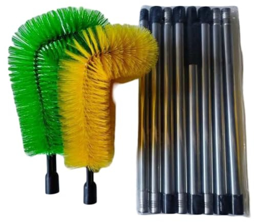 LIANFOND Justerbar rengöringsborste för takränna, 3,2 m med flexibelt böjningshuvud, nylonborst för takskräp, spindelnät takdamm, 2 st set med 8 förlängningsstänger, svart silver, gul grön
