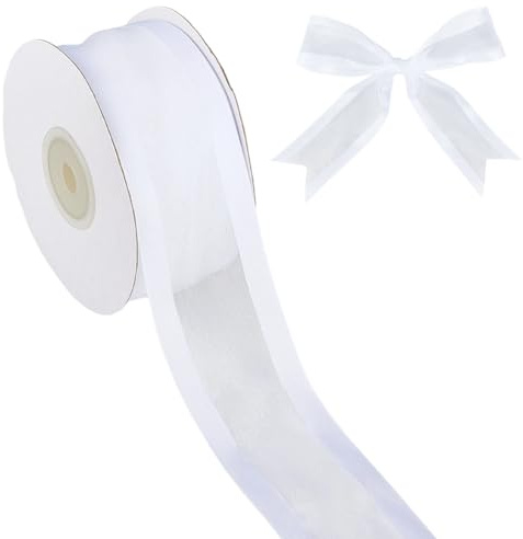 CABODYALS 22 m 39 mm vitt organzapanel med satinkant transparent trimma av polyestertyg chiffong nät ränder breda band för förpackning av presenter buketter brudkläder dekoration bast