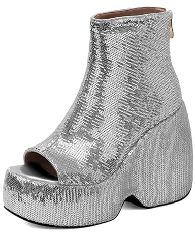 MiaZane Stivaletti alla Caviglia con Piattaforma Donna Tacco Piattaforma Massiccio Design a Paillettes Punta Peep Toe Stivaletti con Glitter Stivali da Performance,Argento,35 EU