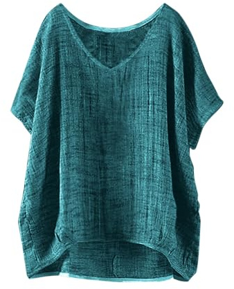 Camisetas Manga Corta Mujer, Camisa Mujer Lino Algodón Manga Corta Camisetas Pareos Cuello en V Color Sólido Moda Boho Túnica Cómodo Blusa Oficina Fiesta Talla Grande Shirts Original Tops Verde XXL