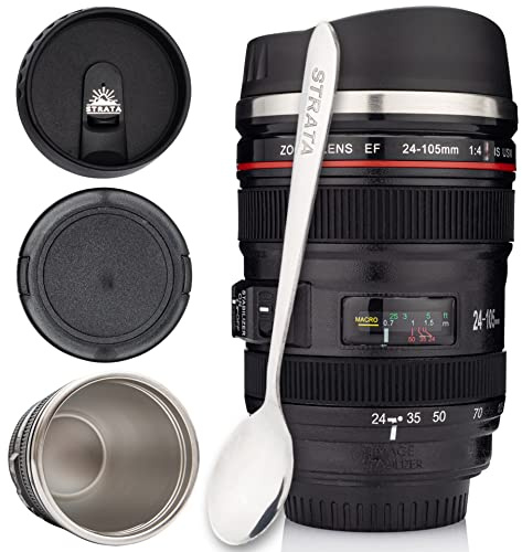 STRATA CUPS kameralins, kaffemugg – 400 ml, superbunta! (2 lock + sked) termoskoppar i rostfritt stål, läckagesäkert lock! Fotografer kaffekopp, resemugg, to go kaffe för män, kvinnor