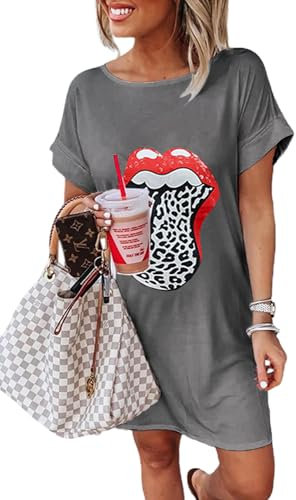 Maavoki Damen Kurzarm T-Shirt Mini Kleider, Sommer Oversize Rundhals Shirtkleid mit Lippen Muster, Casual Minikleider Tank Tops Freizeitkleid für Damen (Grau, S)
