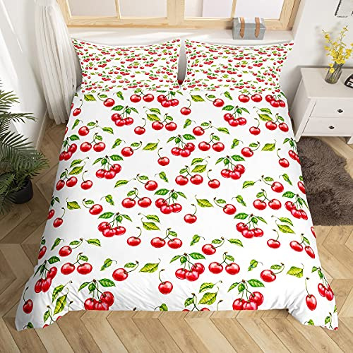Homemissing Cute Cherries Duvet Cover Red Cherry Bedding Set for Kids Boys Girls Teens Fruit Comforter Cover Green Leaf Branches Bedding & Linen Natural 3Pcs Zipper Double Size