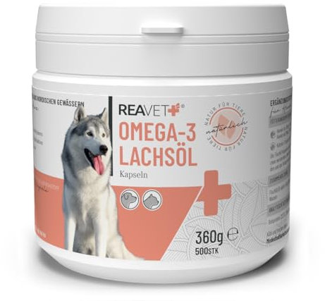 ReaVET Lachsöl Kapseln Hund 500 Stück, Omega 3 Öl Hund I Lachsöl Kapseln Hunde I Hochdosiertes Fischöl in Lebensmittelqualität