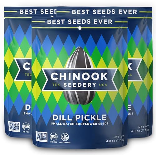 Chinook Seedery Roasted Sunflower Seeds - Jumbo Seeds Keto Snacks - Best For Snack Packs - Gluten Free, Non GMO Snack Food Gifts - 4 Ounce (Pack of 3) - Dill Pickle Flavor Pack