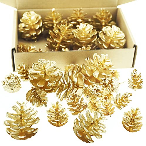 SaktopDeco 30 Conos de Pino Artificiales pequeños Adornos de piñas Doradas de Navidad, Conos de Pino a Granel para Manualidades, árbol de Navidad, decoración de Coronas