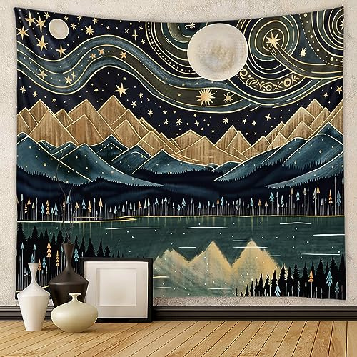 Tapzen Mountain Forest Tapestry - Boho Landscape Moon Stars Wall Hanging for Bedroom, Living Room, Classroom, Dorm (40 x 30 inches)