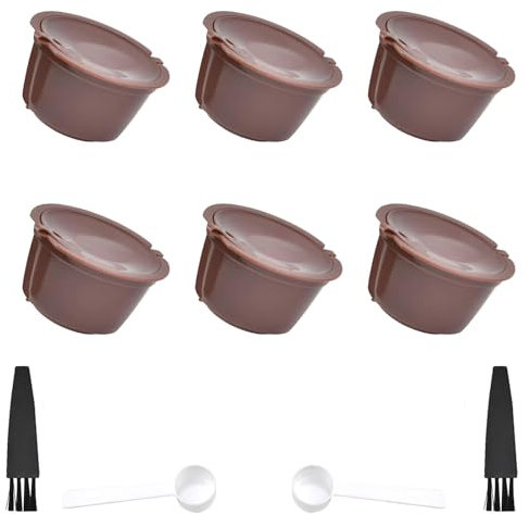 Reusable Coffee Pods,6 Pieces of Coffee Capsule Cups, with 1 Spoon and 1 Cleaning Brush, for Dolce Gusto Reusable Pods, Filter Pod Cups for Ground Coffee(Brown).
