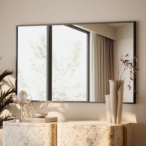 BEAUTYPEAK Schwarz Rechteckiger Wandspiegel mit Metallrahmen, 96x66 cm Schwarz Bruchsicherer Badspiegel, Wandspiegel für Bad, Schlafzimmer, Wohnzimmer, Rectangular Bathroom Mirror
