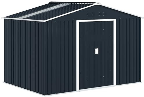 Outsunny Abri de jardin en acier galvanisé 4,9m² 277x195x192cm Abri de jardin avec toit à deux versants, fondations, porte coulissante verrouillable, résistant aux intempéries, abri de jardin