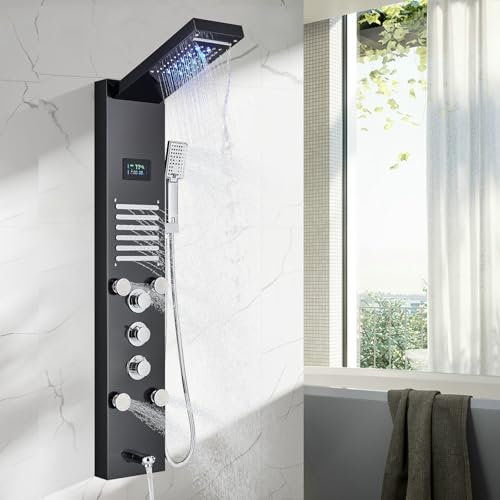 TTICCTIY Pannello doccia a LED per bagno con sistema a torre con 5 funzioni con cascata, soffione a pioggia e doccia portatile, sistema di pannelli doccia a parete in acciaio inox, colore nero
