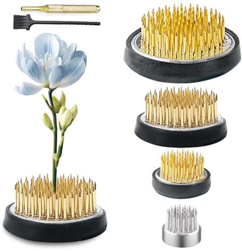 Ikebana Kenzan - Juego de 4 flores con corrector y cepillo de limpieza, arreglo floral redondo con funda antideslizante, soporte redondo de acero inoxidable para tiendas de flores, oficinas, salones