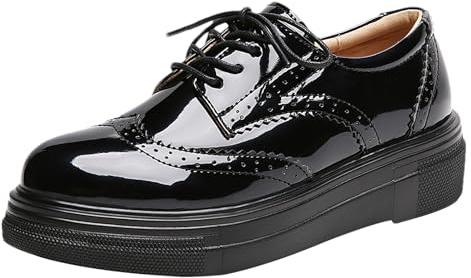 ANUFER Snygga snörningsbrogues för kvinnor plattform falskt lackläder vardagliga träningsskor skor, Svart, 37.5 EU