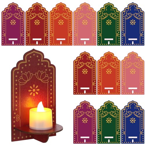 Yerliker 12 Pack Diwali Wall Decor for Home Lotus Wooden Candle Holder for Wall Indian Pooja Items 2.8 x 4 ‘'jharokha Rangoli Tea Light Diya Holder Deepavali Decoration Festive Home DIY Craft