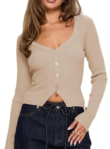 Sukiglam Maglietta Donna Maniche Lunghe Maglia Corto con Scollo en V Sexy Camicetta con Bottoni Basic Aderente Maglieria Elegante Y2K Crop Tops Slim Fit T-Shirt a Coste Autunno Casual Pullover