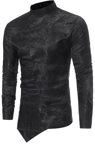 Camicia da uomo africana Paisley a maniche lunghe, dorata lucida, slim fit, per il tempo libero, jacquard, con ricamo a bottone, per matrimoni, camicie, bottoni, colletto alto, business, O nero., S