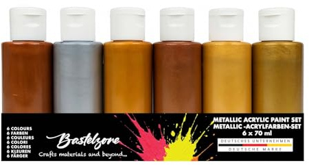 Pysselzon akrylfärg-set – mångsidiga och högpigmenterade målarfärger för hobby och konstnärer. Vattenbaserad, ogenomskinlig, ljus och klar att användas. Vegan (6 metalliska färger x 60 ml)