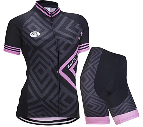 Femmes Vélo Cyclisme Respirant à séchage Rapide Maillots Set, Jersey Cycle Manches Courtes Veste + 3D Coussin Rembourré Serré Shorts Pantalon, L, Diamant Rose